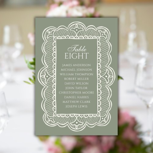 Sage Green &amp; Lace Old Money Wedding Seating Chart Table Number