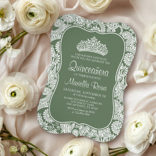 Sage Green Lace Quinceañera Invitation