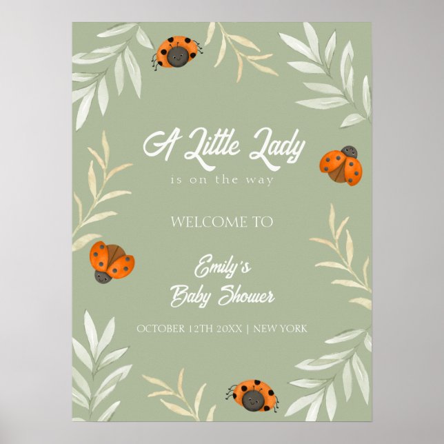 Sage Green Ladybug Greenery Baby Shower Welcome  Poster (Front)