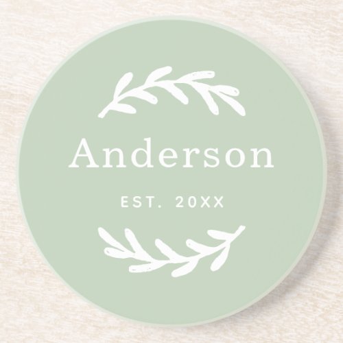 Sage Green Laurel Branch Wreath Last Name Monogram Coaster