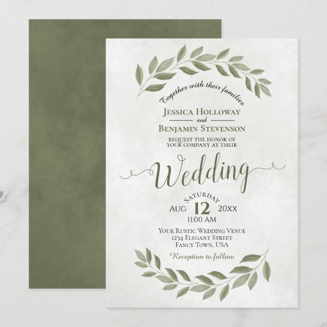 Sage Green Laurel Leaves Simple Watercolor Wedding Invitation (Front/Back)