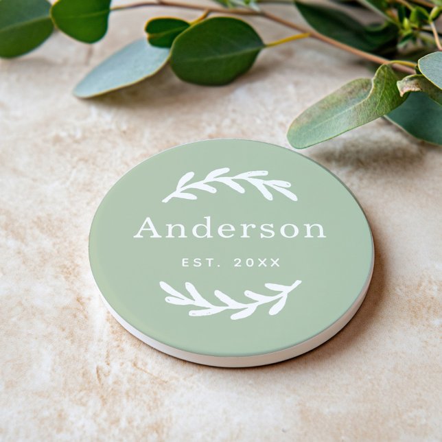 Sage Green Laurel Wreath Monogram Est Coaster (Creator Uploaded)