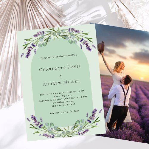 Sage green lavender arch photo luxury wedding invitation