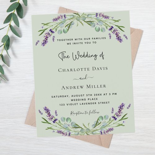 Sage green lavender budget wedding invitation