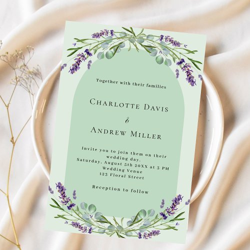 Sage green lavender floral arch luxury wedding invitation