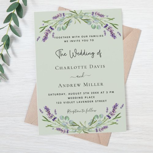 Sage green lavender florals luxury wedding  invitation