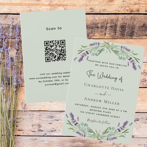 Sage green lavender QR code RSVP details wedding  Invitation