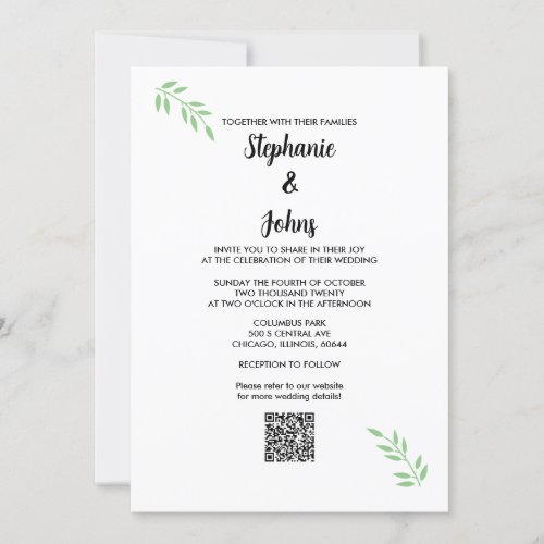 Sage Green Leaf Black Script QR Code Wedding Invitation