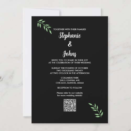Sage Green Leaf Black White Script QR Code Wedding Invitation