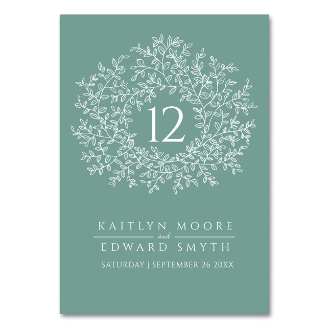 Sage green leaf circle monogram wedding custom table number (Front)