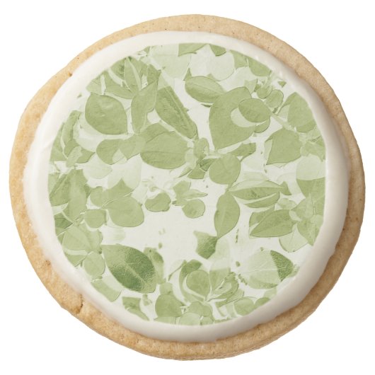 Sage Green Leaf Design Round Shortbread Cookie (Front)