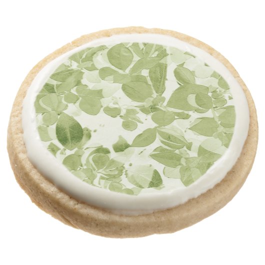 Sage Green Leaf Design Round Shortbread Cookie (Angled)
