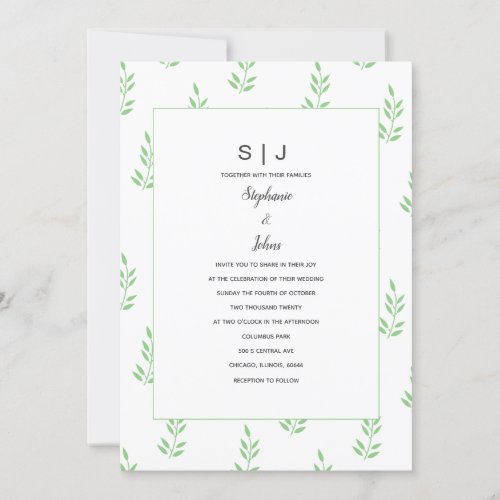 Sage Green Leaf Monogram Minimal Simple Wedding Invitation