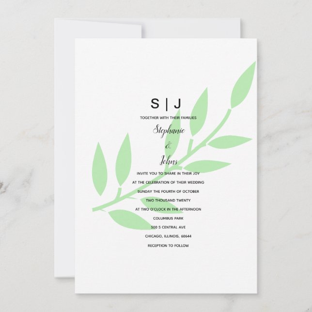 Sage Green Leaf Monogram Minimal Wedding 2024 Invitation (Front)