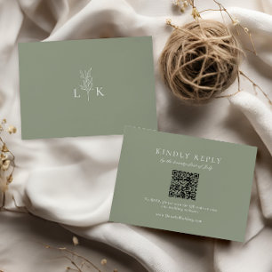 Sage Green Leaf Monogram Wedding QR Code RSVP Enclosure Card