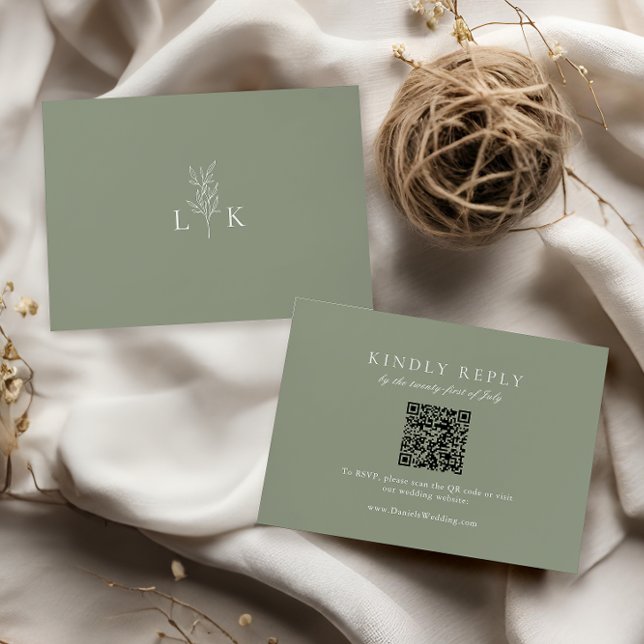 Sage Green Leaf Monogram Wedding QR Code RSVP  Enclosure Card (Creator Uploaded)