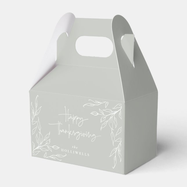 Sage Green Leaf Motif Happy Thanksgiving Favor Boxes (Front Side)