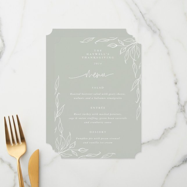 Sage Green Leaf Motif Thanksgiving Dinner Menu (Front/Back In Situ)