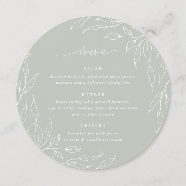 Sage Green Leaf Motif Thanksgiving Dinner Round Menu (Front)