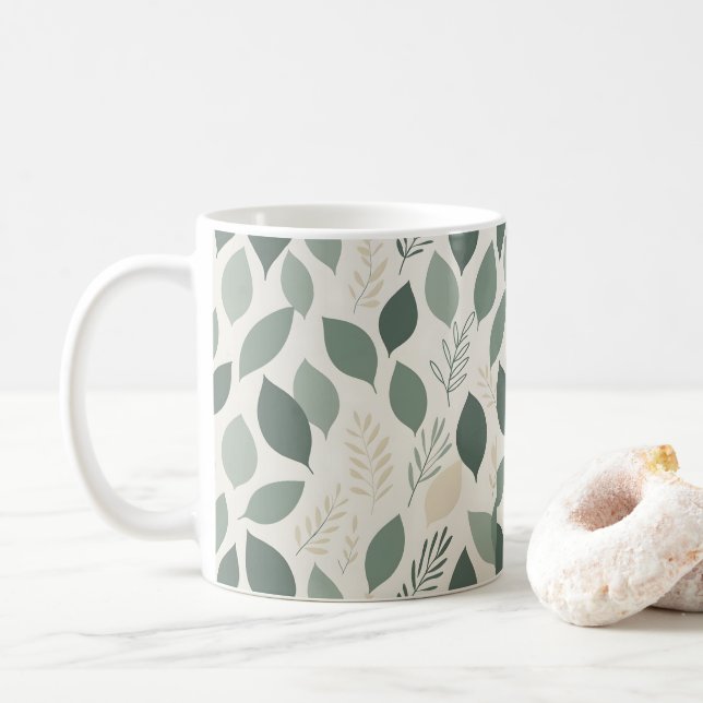 Sage Green Leaf Pattern | Botanical Coffee Mug (With Donut)