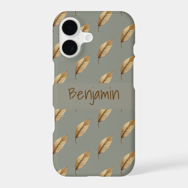Sage Green | Leaf Pattern | Monogram Name iPhone Case (Back)