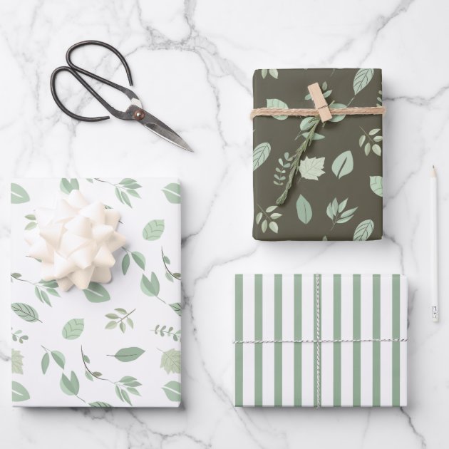 Sage Green Leaf Pattern  Stripes Pattern Wrapping Paper Sheets