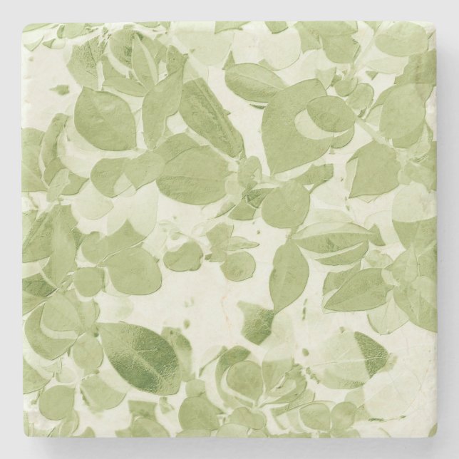 Sage Green Leaf Pattern, Vintage Inspired Stone Coaster (Front)