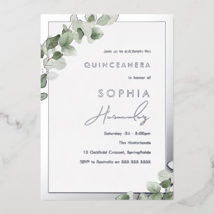 Sage Green Leaf & Silver Elegant Quinceanera Party Foil Invitation