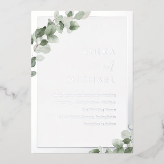 Sage Green Leaf & Silver Elegant Wedding Foil Invitation