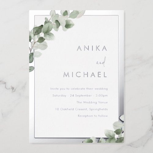 Sage Green Leaf  Silver Elegant Wedding Foil Invitation