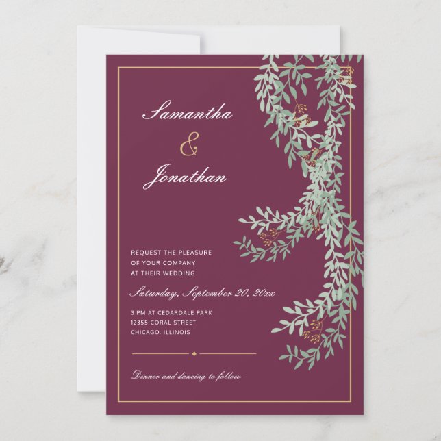 Sage Green Leaf Vines | Cranberry Colored Wedding Invitation (Front)