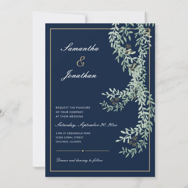 Sage Green Leaf Vines | Navy Blue Wedding Invitation (Front)
