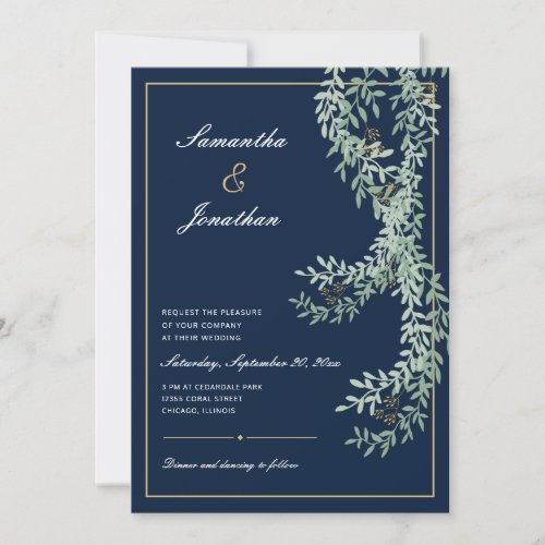 Sage Green Leaf Vines  Navy Blue Wedding Invitation