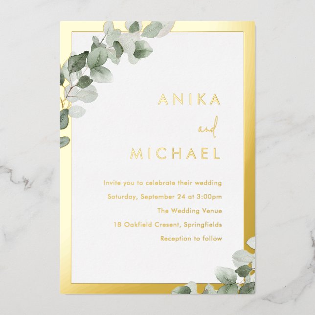 Sage Green Leaf Wedding Gold Border Foil Invitation (Front)