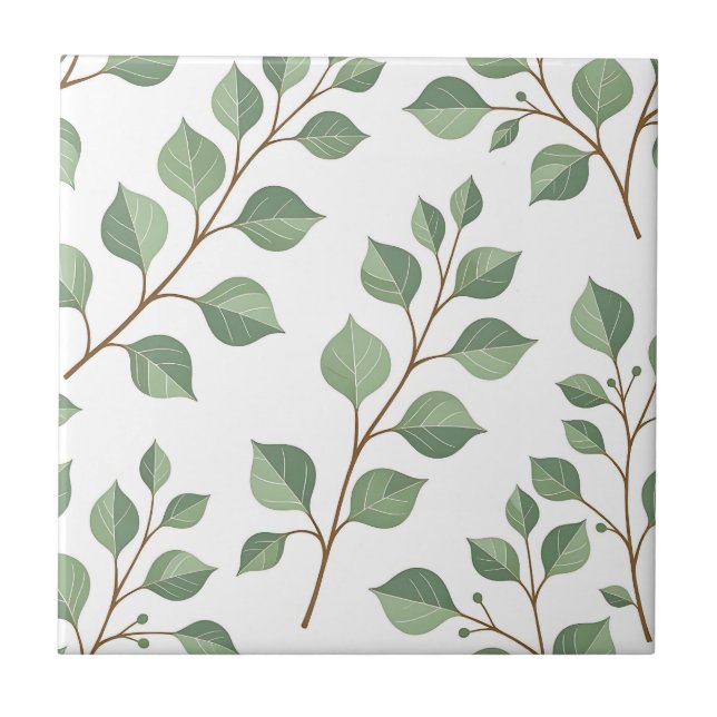 Sage Green Leafy Branches Botanical Watercolor  Ceramic Tile (Front)