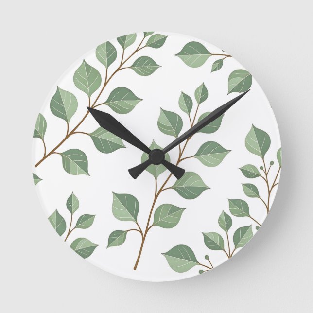 Sage Green Leafy Branches Botanical Watercolor  Round Clock (Front)