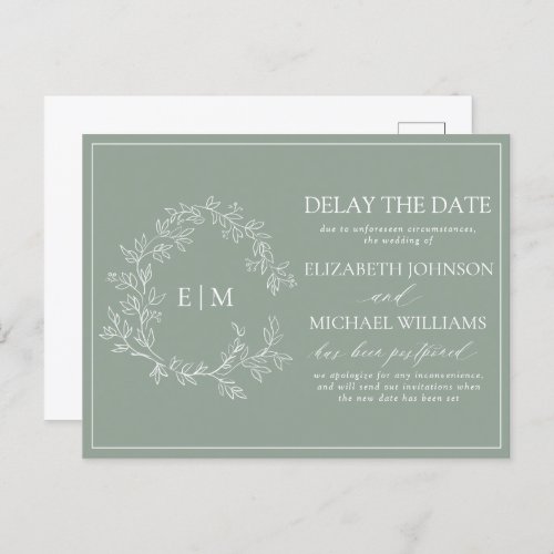 Sage Green Leafy Crest Monogram Delay The Date Inv Invitation Postcard