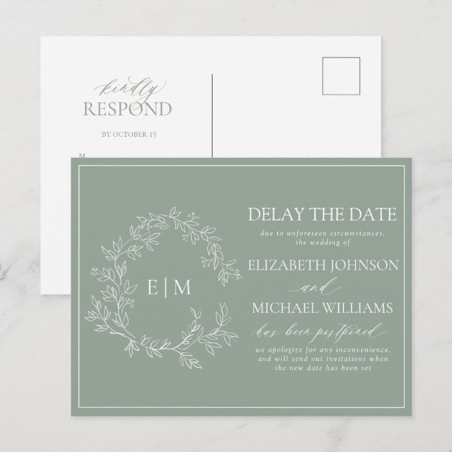 Sage Green Leafy Crest Monogram Delay The Date Inv Invitation Postcard (Front/Back)