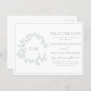 Sage Green Leafy Crest Monogram Delay The Date Invitation Postcard