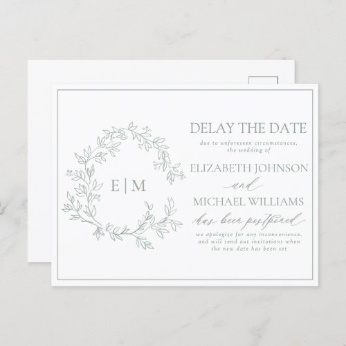 Sage Green Leafy Crest Monogram Delay The Date Invitation Postcard