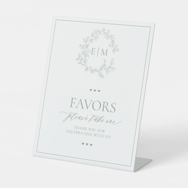 Sage Green Leafy Crest Monogram Favors Pedestal Sign (Front)