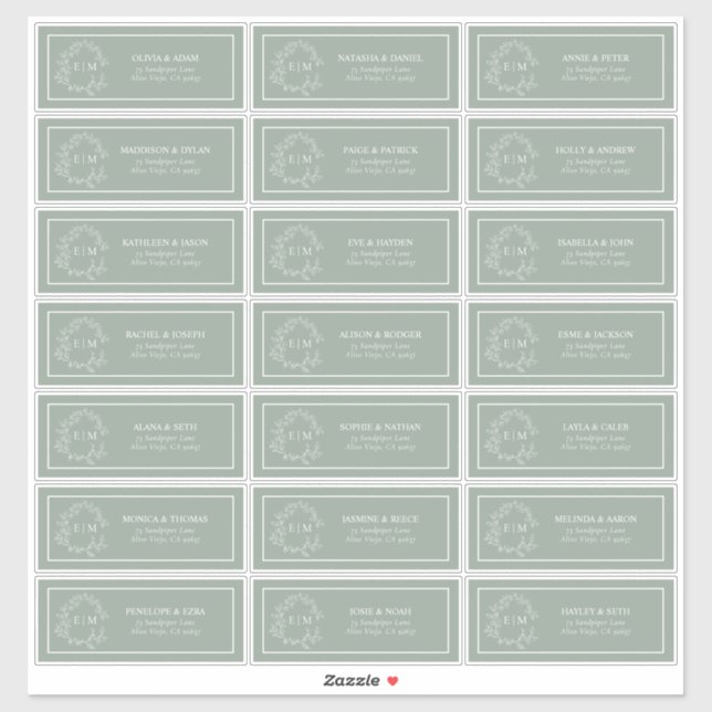 Sage Green Leafy Crest Monogram Guest Address Sticker (Sheet)