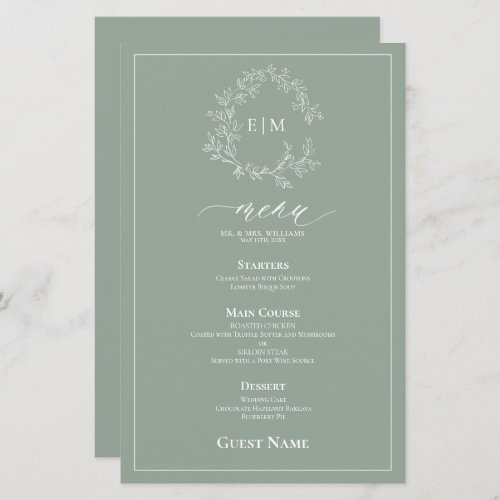 Sage Green Leafy Crest Monogram Guest Wedding Menu