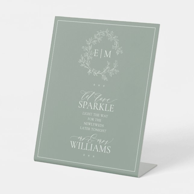 Sage Green Leafy Crest Monogram Let Love Sparkle Pedestal Sign (Front)