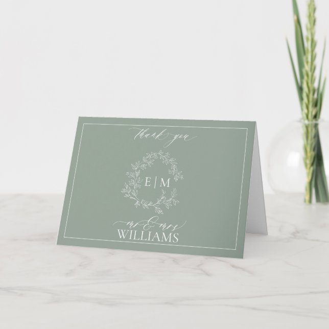 Sage Green Leafy Crest Monogram Photo Thank You Ca Card (Front)