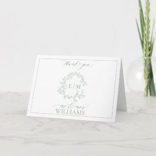 Sage Green Leafy Crest Monogram Photo Thank You Card