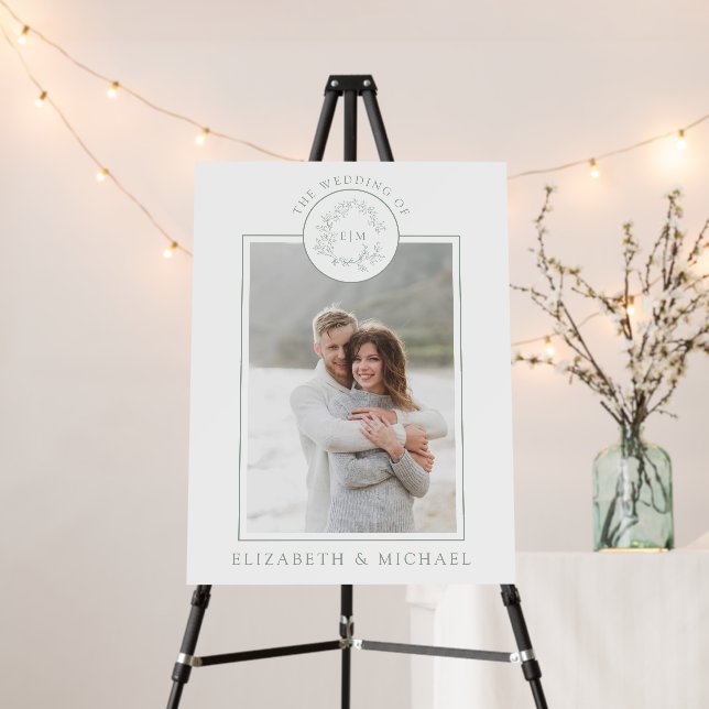 Sage Green Leafy Crest Monogram Photo Wedding Foam Foam Board (In Situ (Stand))