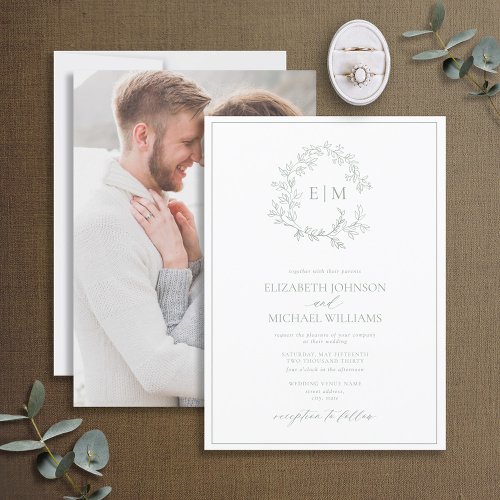Sage Green Leafy Crest Monogram Photo Wedding Invitation