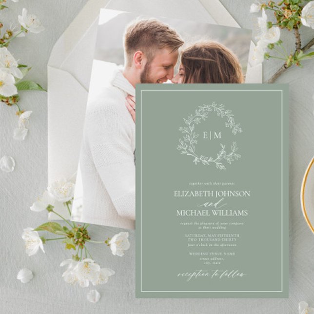 Sage Green Leafy Crest Monogram Photo Wedding Invitation (Creator Uploaded)