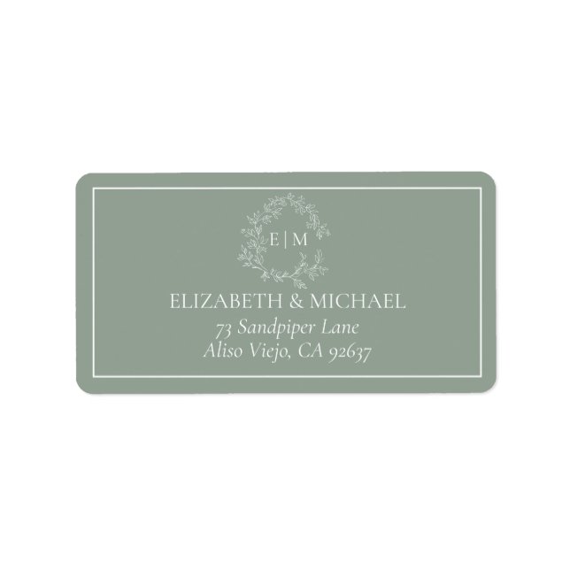 Sage Green Leafy Crest Monogram Wedding Address La Label (Front)